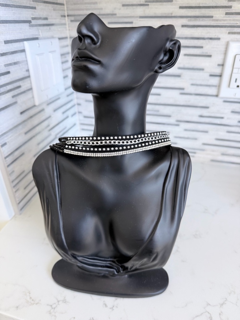 Multi-Row Rhinestone Choker Necklace in Black and Silver